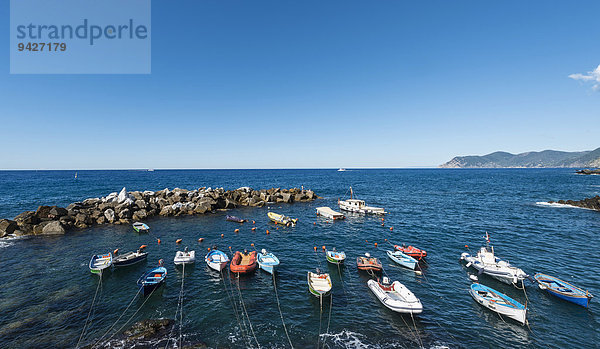 Boote im Hafen vor Brandungsmauer  Riomaggiore  Cinque Terre  La Spezia  Cinque Terre  Ligurien  Italien