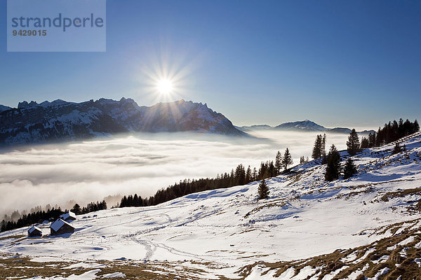 Blick von der Fähnerenspitze auf das Appenzellerland mit Alpstein und Alm bei Hochnebel und Tauwetter  Schweizer Alpen  Schweiz  Europa