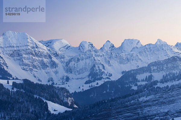 Abendstimmung auf der winterlichen Hochalp  Alm  in den Schweizer Alpen  Alpsteingebiet mit Säntis  Schweiz  Europa