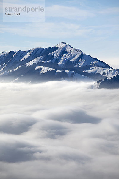 Blick auf den Alpstein mit Säntis und Alm im Schnee  Alpstein  Schweizer Alpen  Schweiz  Europa