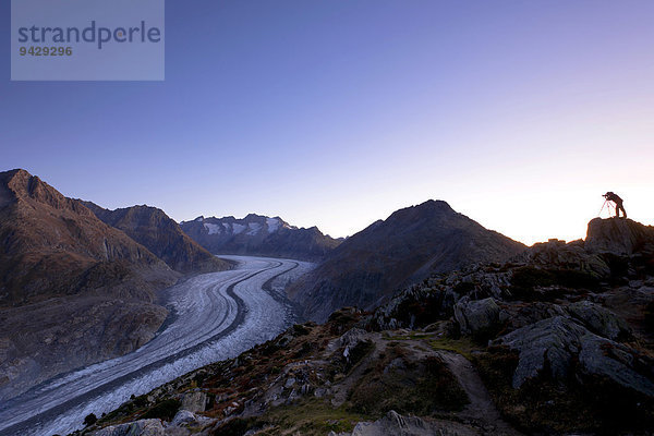 Fotograf fotografiert den Aletschgletscher im ersten Morgenlicht  Moosfluh  Riederalp  Wallis  Schweiz  Europa