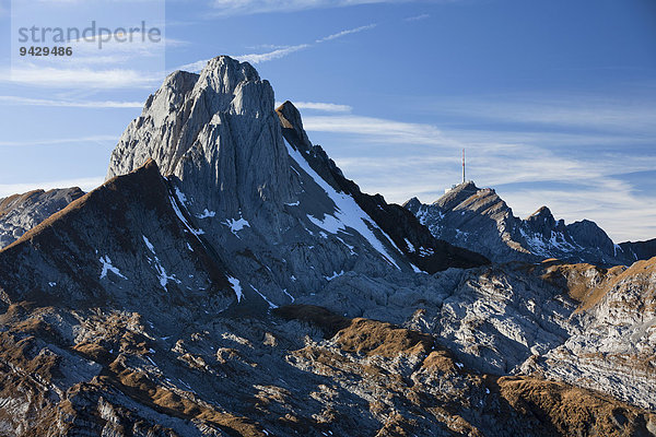 In den Höhen des Alpstein mit Blick auf Säntis und Altmann  Appenzell  Schweizer Alpen  Schweiz  Europa