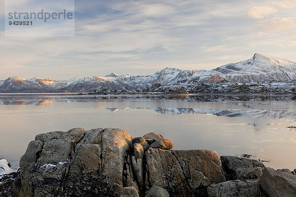 Fjord im Winterlicht auf den Lofoten in Norwegen  Europa