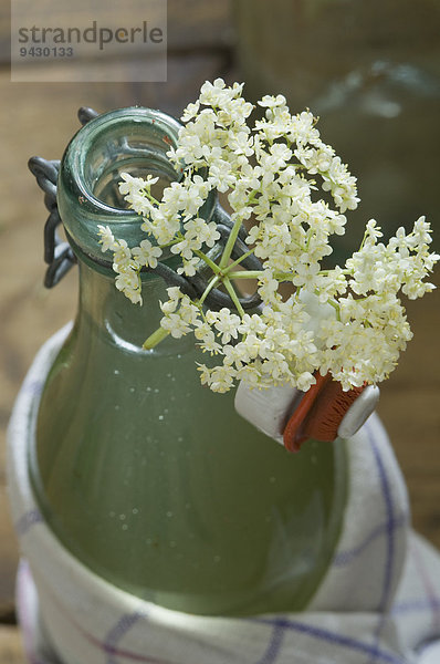 Holunderblüten und Flasche Holundersirup