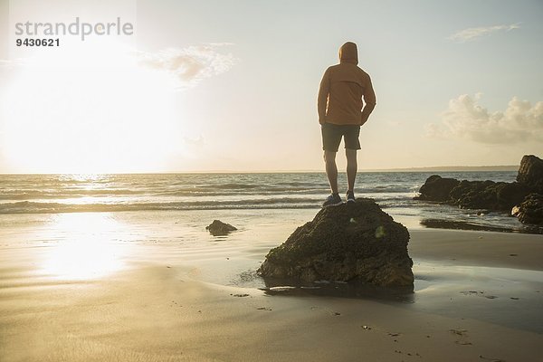 Erwachsener Mann  auf Felsen stehend  auf das Meer blickend