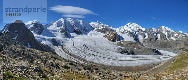 Bernina Alps with Piz Cambrena  Piz Palue  Bellavista  Piz Bernina and Piz Morteratsch  Canton Graubuenden  Switzerland  Europe