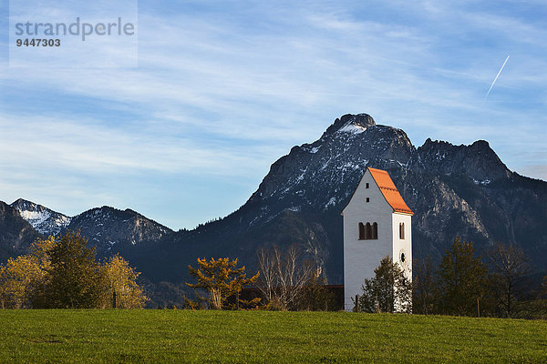 Kirchturm vom Ortsteil Hopfen am See  dahinter der Säuling  Füssen  Bayern  Deutschland  Europa