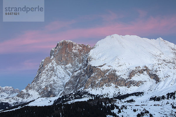 Morgenrot über dem Plattkofel im Winter  Saltria  Südtirol  Italien  Europa