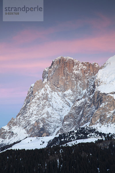 Abendrot am Plattkofel im Winter  Saltria  Südtirol  Italien  Europa