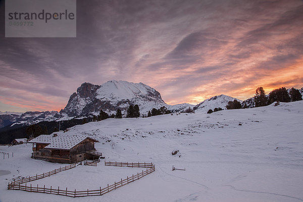 Sonnenaufgang über Plattkofel und Almhütte im Winter  Saltria  Südtirol  Italien  Europa