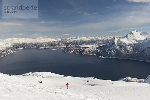 Aufstieg mit Ski zum Langlitinden  Insel Andørja  Troms  Norwegen  Europa
