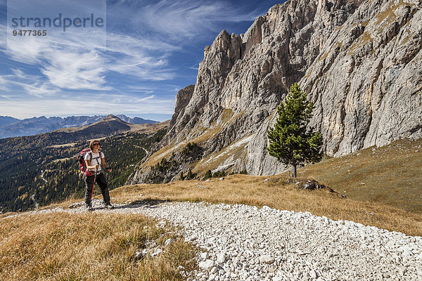 Bergsteiger am Plan de Siela in der Sellagruppe am Sellajoch  rechts der Piz Ciavazes  Dolomiten  Grödnertal  Val Gardena  Südtirol  Canazei  Trentino-Südtirol  Italien  Europa