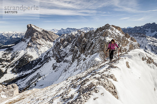 Bergsteiger beim Aufstieg auf den Tullen über den Günther Messner Steig im Villnösstal  hier auf dem Gipfelgrat  hinten der Peitlerkofel  Dolomiten  Villnöss  Eisacktal  Südtirol  Trentino-Alto Adige  Italien  Europa