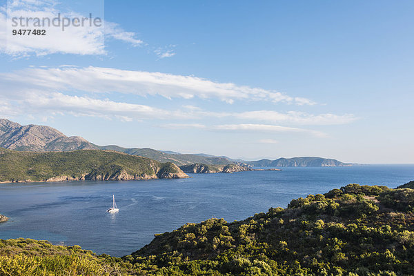 Bucht mit Segelboot  Küste und Berglandschaft  Golf von Porto  Korsika  Frankreich  Europa