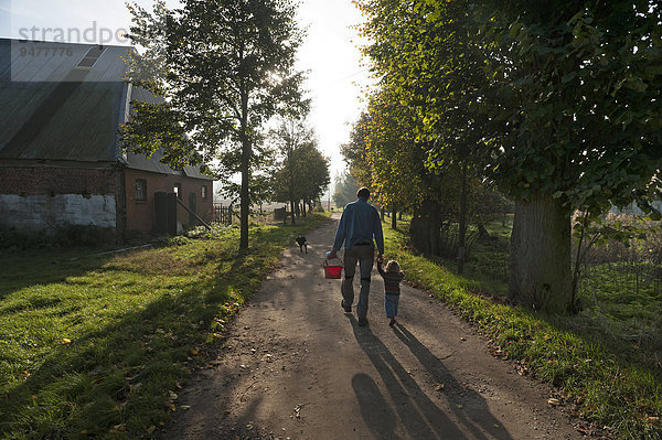 Vater mit kleiner Tochter an der Hand auf einem Weg am Morgen  Othenstorf  Mecklenburg-Vorpommern  Deutschland  Europa