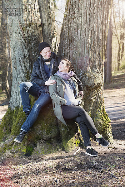 Ein glückliches junges Paar sitzt an einem Baum  Schweden  Europa