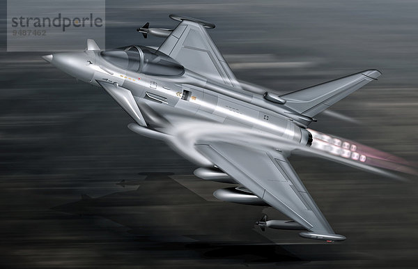 Kampfjet  Kampfflugzeug im Tiefflug mit Nachbrenner  Illustration