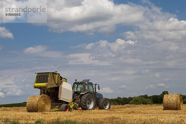Bauer mit Traktor stellt auf seinem Feld Strohballen her  Pfalz  Rheinland-Pfalz  Deutschland  Europa