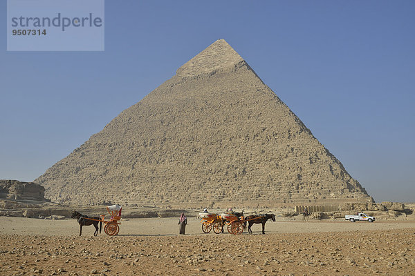 Leere Kutschen für Touristen vor der Pyramide des Chephren  Giseh  Ägypten  Afrika