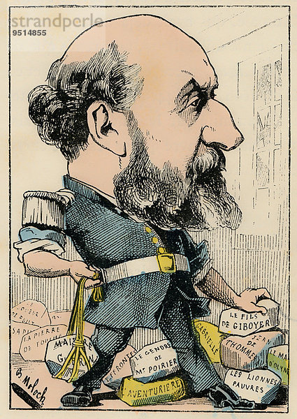 Guillaume Victor Émile Augier  französischer Dramatiker  Mitglied der Académie Française  politische Karikatur  1882  von Alphonse Hector Colomb  Pseudonym B. Moloch  französischer Karikaturist