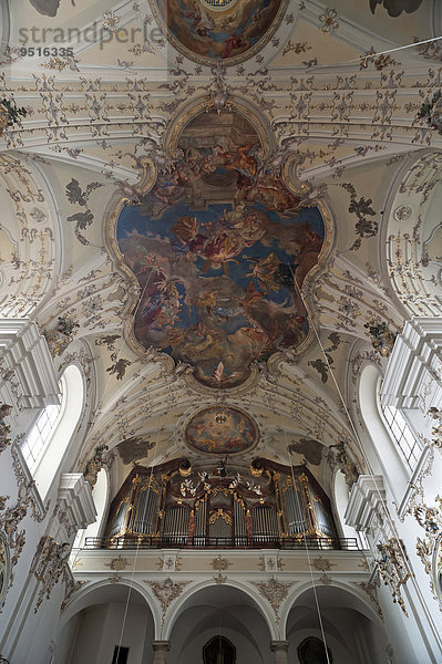 Gewölbe und Orgelempore der barocken Kirche St. Mang  1697-1717  Stadtamhof  Regensburg  Oberpfalz  Bayern  Deutschland  Europa