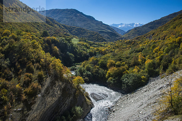 Die kaukasischen Bergen im Herbst mit dem Argun Fluss  Tschetschenien  Kaukasus  Russland  Europa