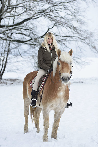 Junge Frau reitet auf einem Haflinger im Schnee