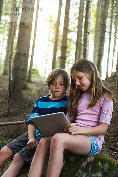 benutzen Junge - Person Wald Tablet PC Mädchen