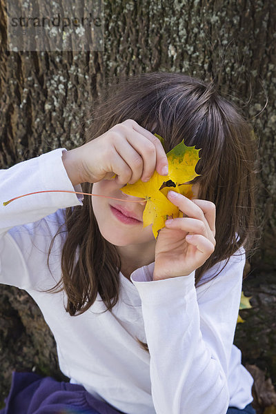 Porträt eines Mädchens  das durch ein Loch in einem Herbstblatt schaut.