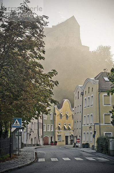 Deutschland  Bayern  Burghausen  Altstadt und Schlossanlage im Nebel
