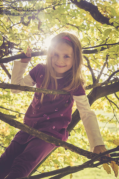 Porträt eines lächelnden kleinen Mädchens beim Klettern in einem herbstlichen Baum