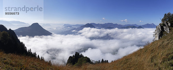 Deutschland  Bayern  Oberbayern  Chiemgau  Chiemgauer Alpen  Nussdorf am Inn  Blick von Heuberg auf Wildbarren  Kranzhorn links und Wendelstein rechts