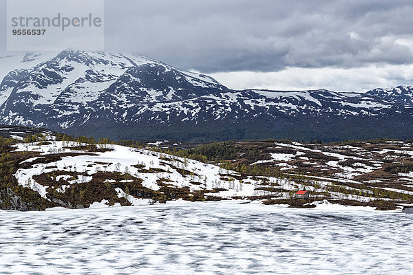 Norwegen  Nordland  gefrorener See und einsame Hütte