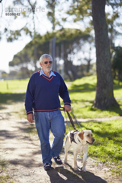 Sehbehinderter Mann  der mit seinem Blindenhund im Park spazieren geht.