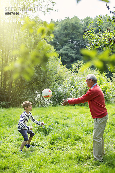 Großvater und Enkel beim Fußballspielen im Gras