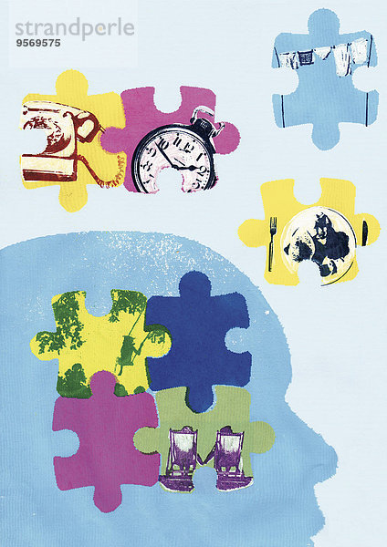 Puzzleteile aus Zeit  Alterung und Gedächtnisverlust im Kopf eines Mannes