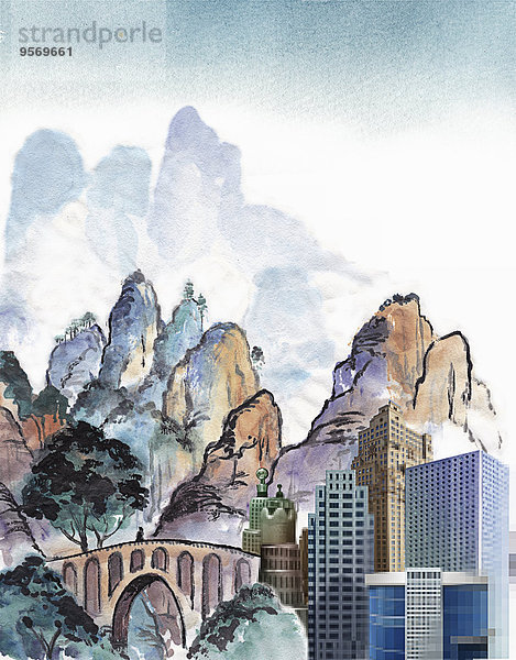 Moderne Wolkenkratzer vor traditioneller chinesischer Landschaft
