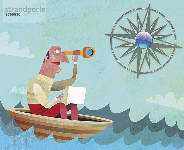Mann im Boot schaut mit Fernrohr auf Kompass-Sonne