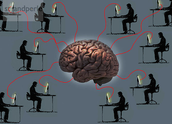 Männer arbeiten an Computern verbunden mit einem Gehirn