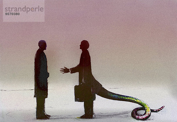 Geschäftsmann mit Schlangenschwanz grüßt Geschäftspartner