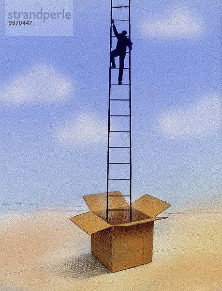 Geschäftsmann steigt aus Karton auf eine Leiter