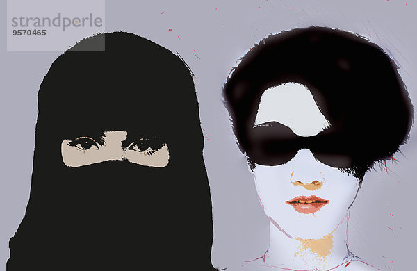 Muslimische Frau mit Niqab neben westlicher Frau mit Sonnenbrille