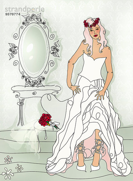 Schöne Frau im Brautkleid bereitet sich vor