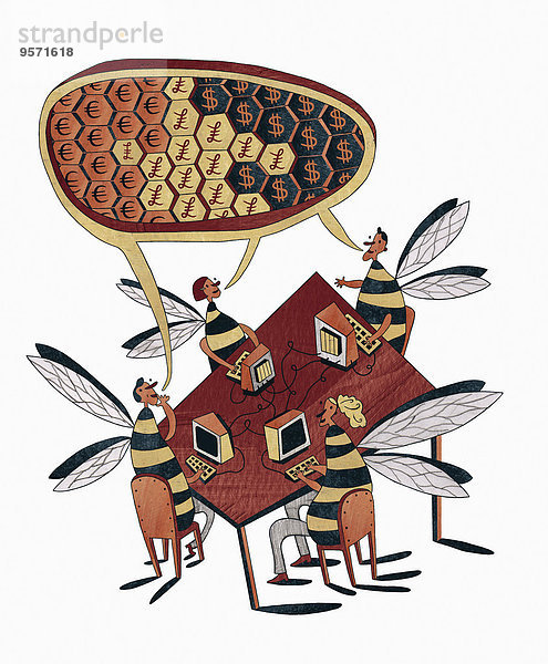 Geschäftsleute als Bienen in einem Meeting sprechen über Finanzen