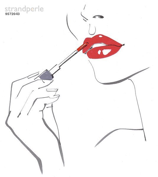Attraktive Frau trägt roten Lippenstift auf