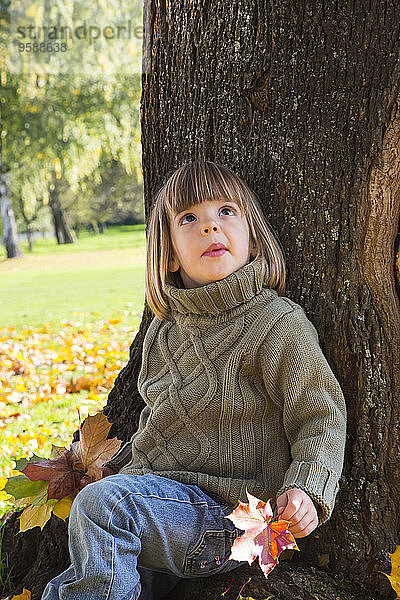 Kleines Mädchen lehnt sich an den Baumstamm und schaut nach oben.