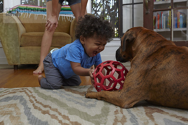 Männliches Kleinkind beim Spielen mit Hund auf dem Wohnzimmerboden