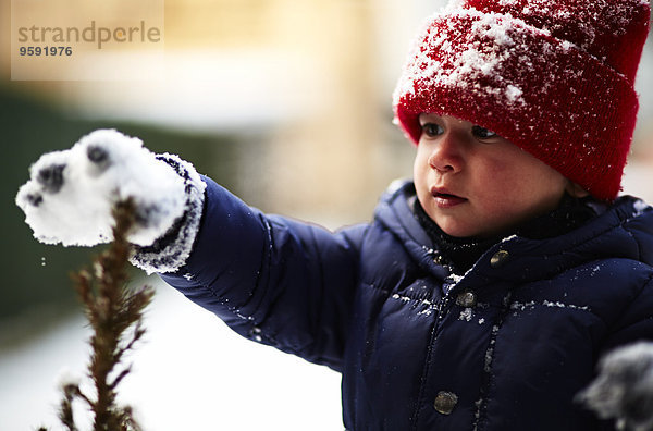 Nahaufnahme der männlichen Kleinkindberühranlage mit schneebedecktem Handschuh