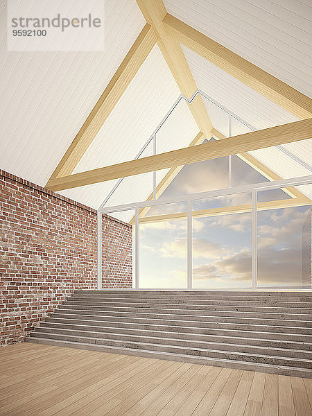 Leerer Raum mit Dachbalken  Treppen- und Backsteinwänden  3D-Rendering
