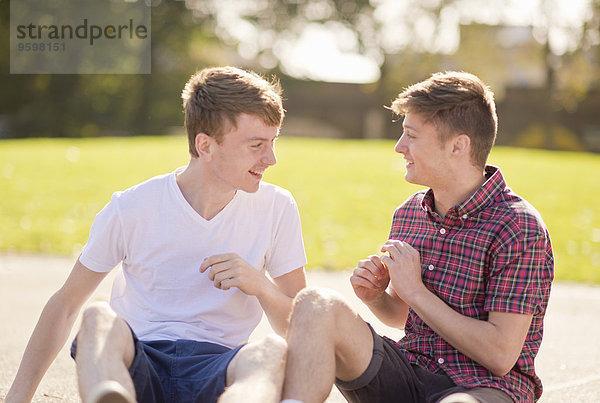 Zwei junge männliche Freunde beim Plaudern im Park